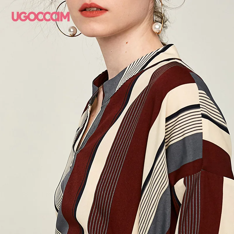 UGOCCAM рубашка в полоску, blusas roupas feminina, Офисная Женская одежда с v-образным вырезом и длинным рукавом, осенняя рабочая одежда, повседневные женские топы, блузки