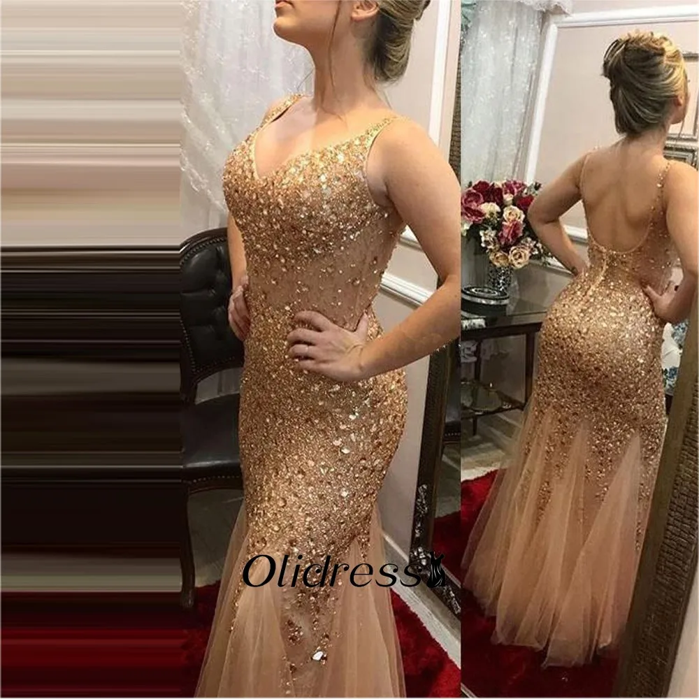 Gold Rhinestone Prom Evening Formal Dresses Gowns for Women Sleeveless V Neck Mermaid Open Back Balls Concerts Custom Make Plus