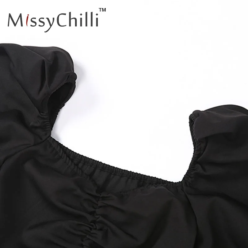 MissyChilli белый с пышными рукавами женская блузка рубашка сексуальная открытая спина клуб черный укороченный Топ женский квадратный воротник уличная короткий топ