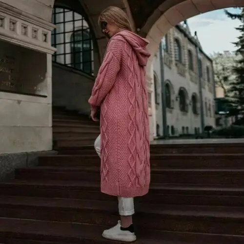 Женский Повседневный вязаный кардиган, длинный рукав, свитер с капюшоном, зимний теплый однотонный длинный свитер, пальто