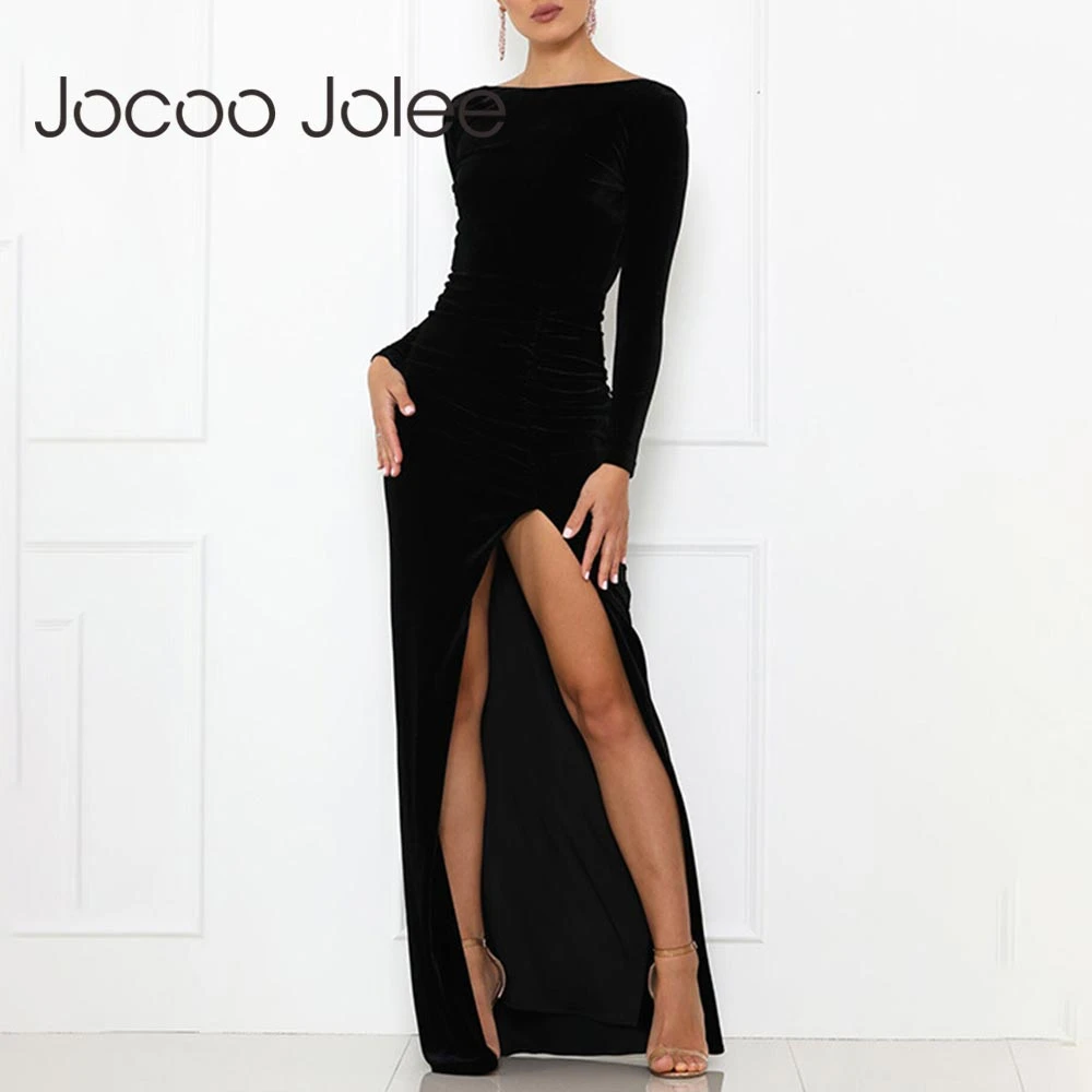 

Jocoo Jolee Women Autumn Long Sleeve O Neck Backless Velvet Long Dress Elegant Split Party Dress Female Slim Wrap Dress 2019