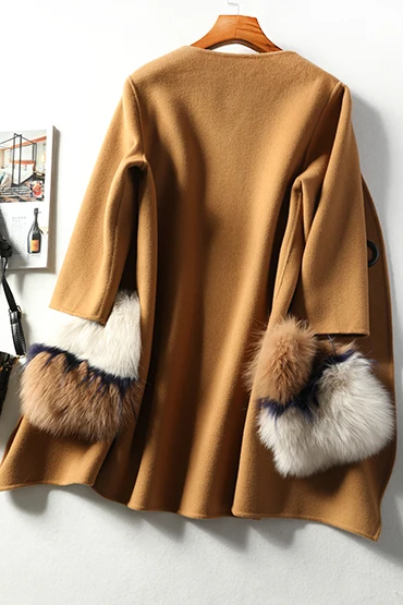 Goede Grote Vos Bont Tas dubbelzijdig Wol Vrouw Jas 2019 Gecontracteerd Temperament 7 Punten mouw V hals Lange Dames Jassen