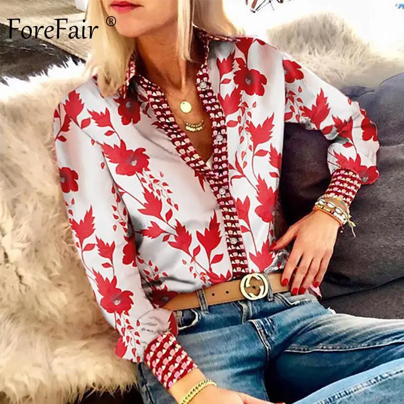 Forefair, Ретро стиль, Цветочная атласная блузка, рубашка, длинный рукав, v-образный вырез, повседневная,, модная, осенняя, размера плюс, с принтом, сексуальная, винтажная, блузка для женщин