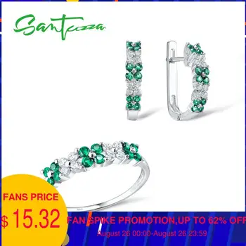 

SANTUZZA Jewelry Sets For Women Pure 925 Sterling Silver Green Spinels White Cubic Zircon Stone Ring Earrings Set Fine Jewelry