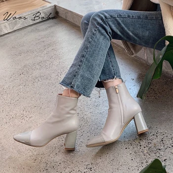 

Genuine Leather High heel Boots Women Round toe Color matching Ankle Boots for Women 2019 Autumn/Winter Street style women boots