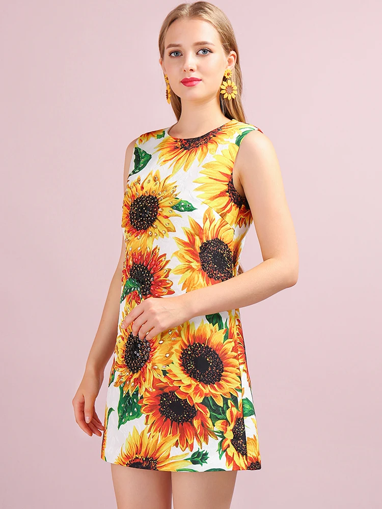LD Linda della взлетно-посадочной полосы моды летнее платье Для женщин без рукавов жёлтый Подсолнух принт бриллиантами элегантный Повседневное праздничное короткое платье;