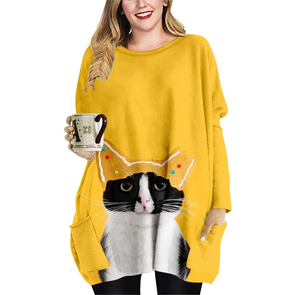 

SOJINM For Women Dress Loose Cat Print Mini Dresses O-neck Long Sleeve Dresses Oversize Tops Beach Dresses Blouse 5XL