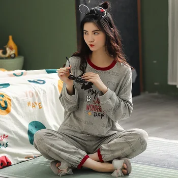 

2020 Pajamas Female Autumn & Winter Pure Cotton Long Sleeve Korean-style Lovely Students Casual May Outer Wear Homewear Set New