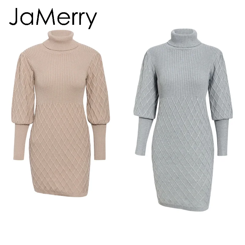 JaMerry, винтажная водолазка, длинный вязаный женский пуловер, платье-свитер, Осень-зима, рукав-фонарик, женский джемпер, платья