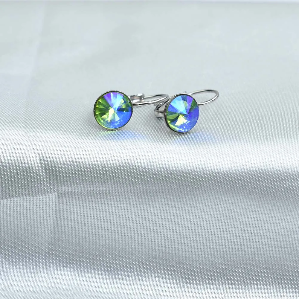 8MM Round Crystal Drop Earrings Stainless Steel Blue Geometric Jewelry Wedding Party Gift