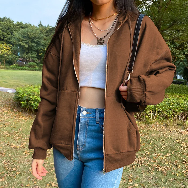 Brown Zip Hooded Sweatshirt Autumn 