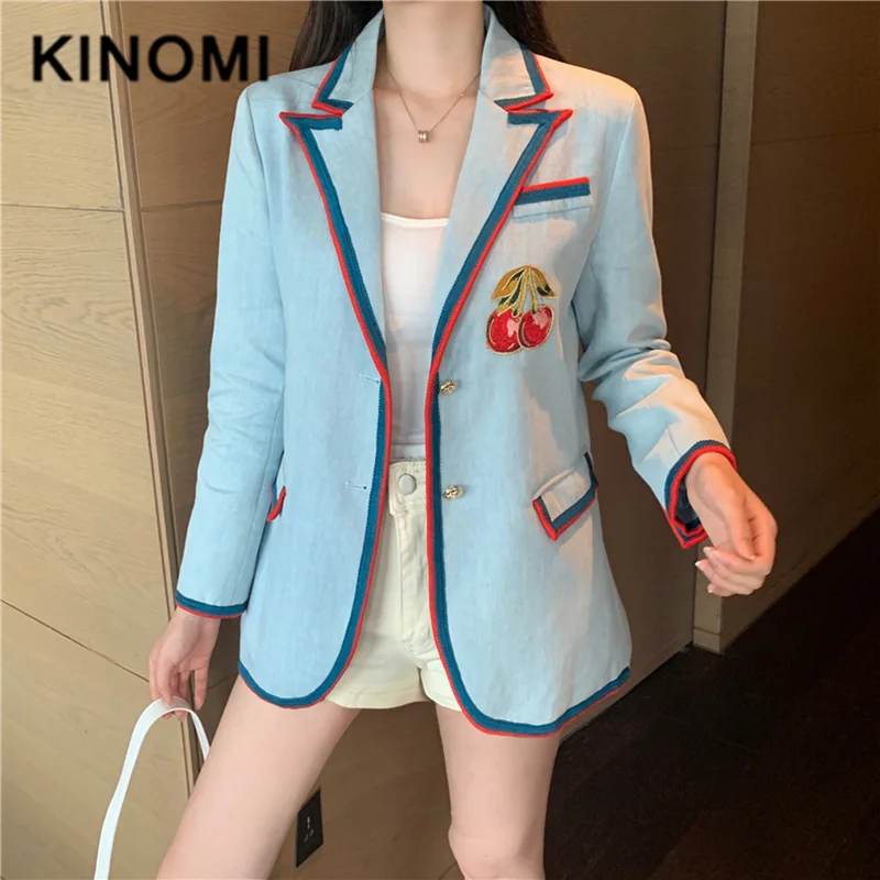 KINOMI, новинка, повседневный Женский блейзер с принтом, длинный рукав, пиджак с карманом, однобортный, женские куртки, пальто для студентов, Feminino