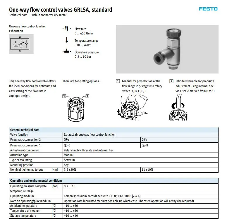 GRLA-1-8-QS-6-RS-D GRLA-1-8-QS-8-RS-D FESTO пневматические компоненты Дроссельный клапан