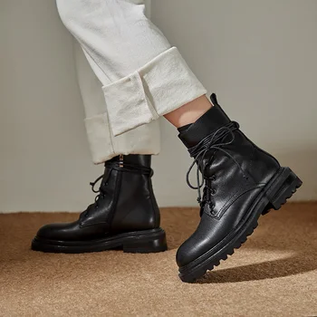 

Mordoan Genuine Cow Leather Martin boots women lace-up short boots British style women thick heel flat ankle boots women