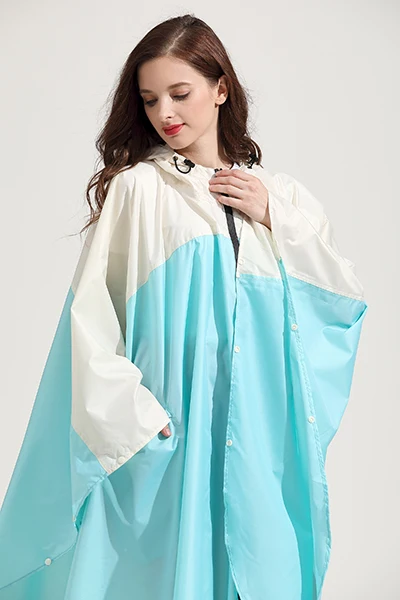 light blue white Женское Дождевик-пончо, водонепроницаемый плащ-накидка с капюшоном и застежкой-молнией для пеших прогулок, езды на велосипеде, Freesmily - Цвет: light blue white