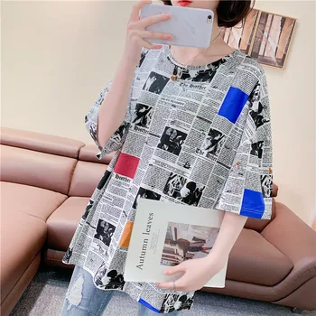 

Kpop New Designer T Shirt Women Newspaper Pattern Print Short-sleeved Medium Long BF Style Tee Loose Female T-shirt Summer 2020