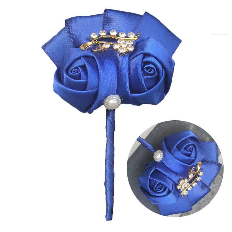 

Factory Selling Wedding Corsage Royal Blue Groom Man Boutonniere Golden Crystal Bride Corsages Wedding Flowers XH1317G