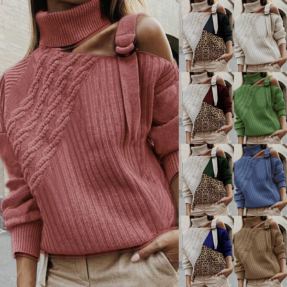 Однотонный женский сексуальный свитер с открытыми плечами и высоким воротом