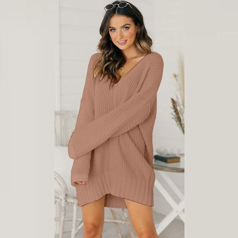 2020 knit women's sweater sexy loose v-neck sweater woman solid color long dress knit sweater new knit women's clothing