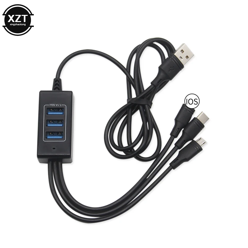 Черный 3/4 в 1 usb-хаб для lightning type C Micro usb зарядный кабель для IOS Android USB type C кабели для зарядки мобильных телефонов - Цвет: Черный