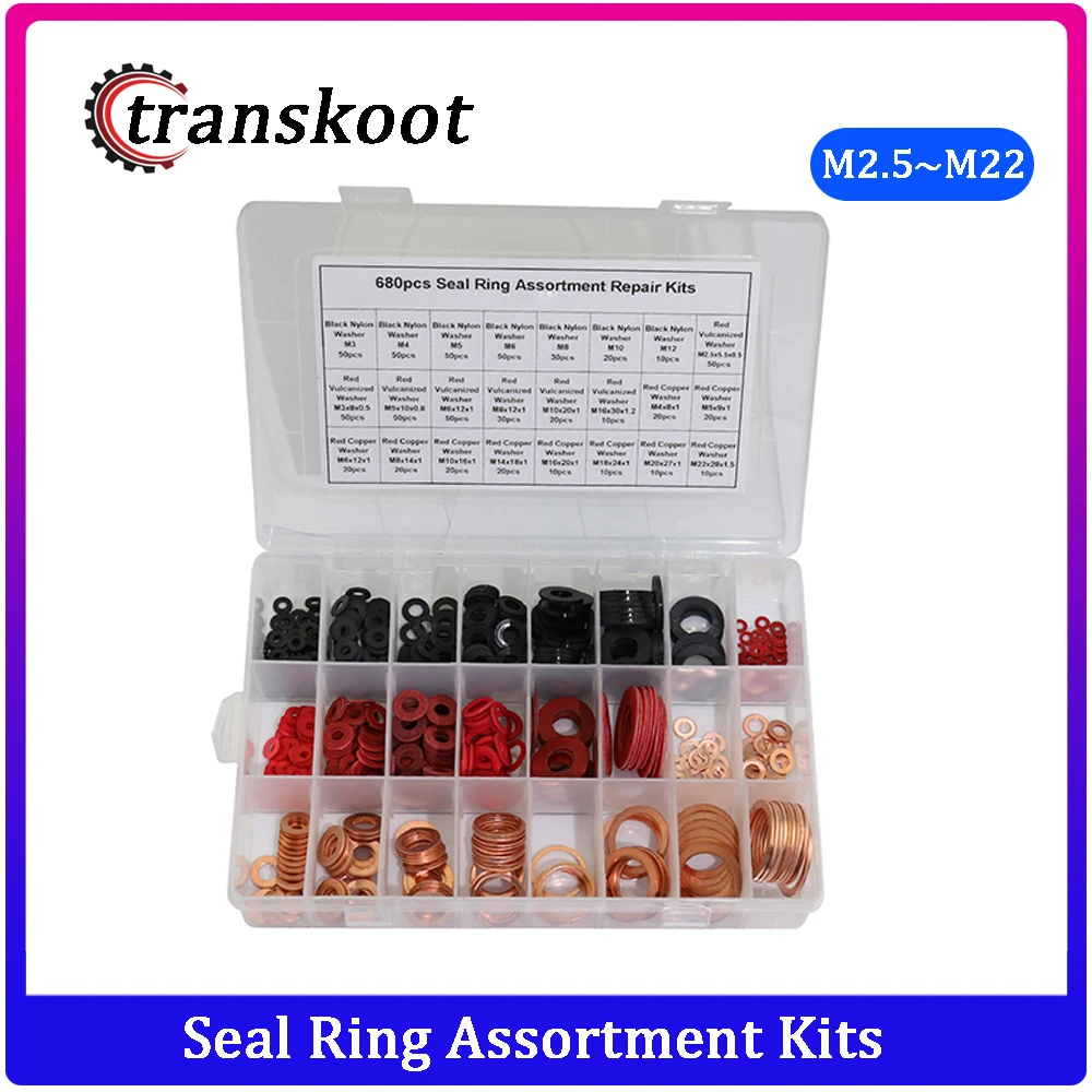 680 pcs M2.5 M20 24 Sizes Seal Ring Flat Washer Assortment Kit, Red