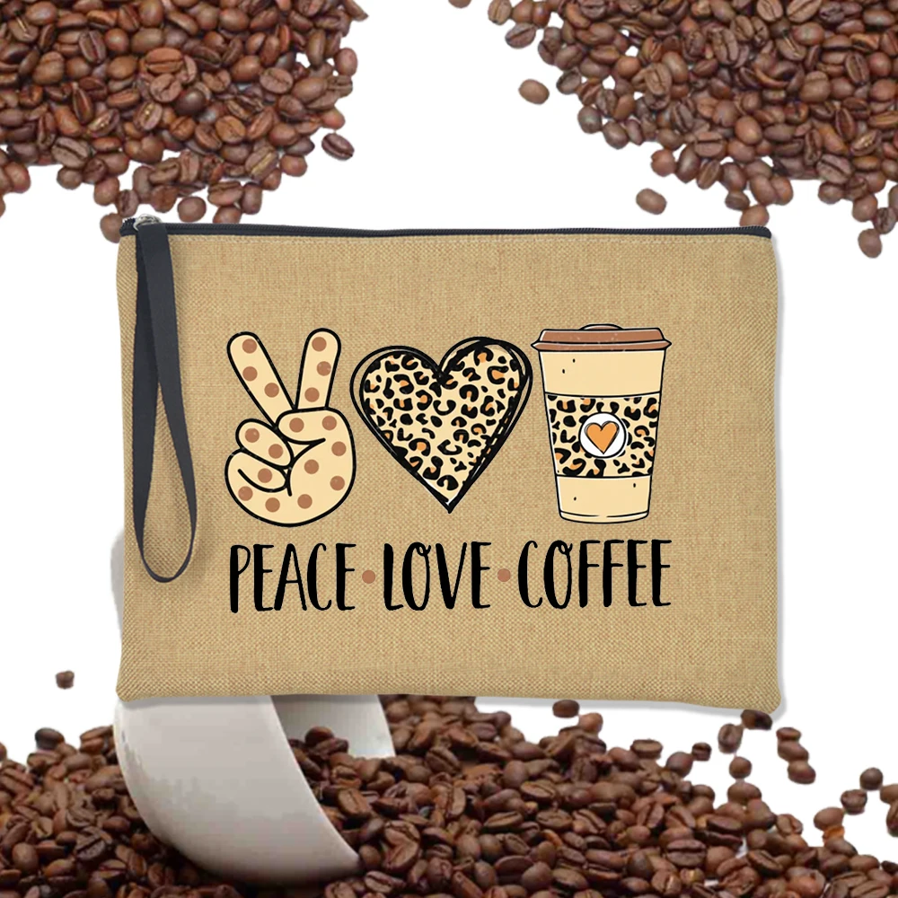 Peace Love Coffee Women Clutches Bag Fashion Casual Zipper Makeup Pouch Cosmetic Cases Lipstick Organizers Handbag Female Gift