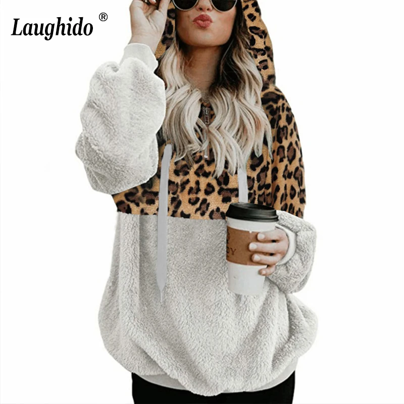 

Laughido 2019 Winter Sweatshirts Leopard Woman Hoodies Plush Casual Pullovers Warm Hooded Zip Pocket Drawstring Tops Women