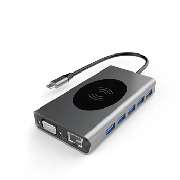 

13 In 1 Aluminum Usb Type C To USB3.0 Vga RJ45 Hdmi Pd Audio3.5 Tf 10W Wireless Charger Hub Adapter Usb Docking Station