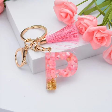 Creative Letter Alphabet Crystal Arylic Liquid Keychain Women Key Chains Ring Car Bag Tassels Pendent Charm Gift Accessory