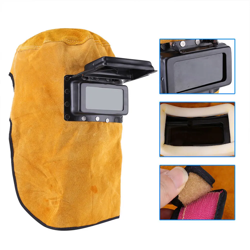 Cowhide Yellow -15�-65� Welding Welder Mask Welding Helmet Protect Leather Hood Eyes Protection Filter Lens Convenient Grinding