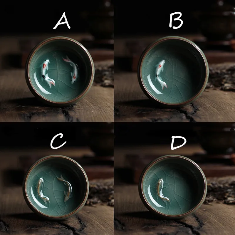 [GRANDNESS] Китайский Longquan Celadon фарфор чайная чаша с чашкой и блюдцем золотой рыбой 60