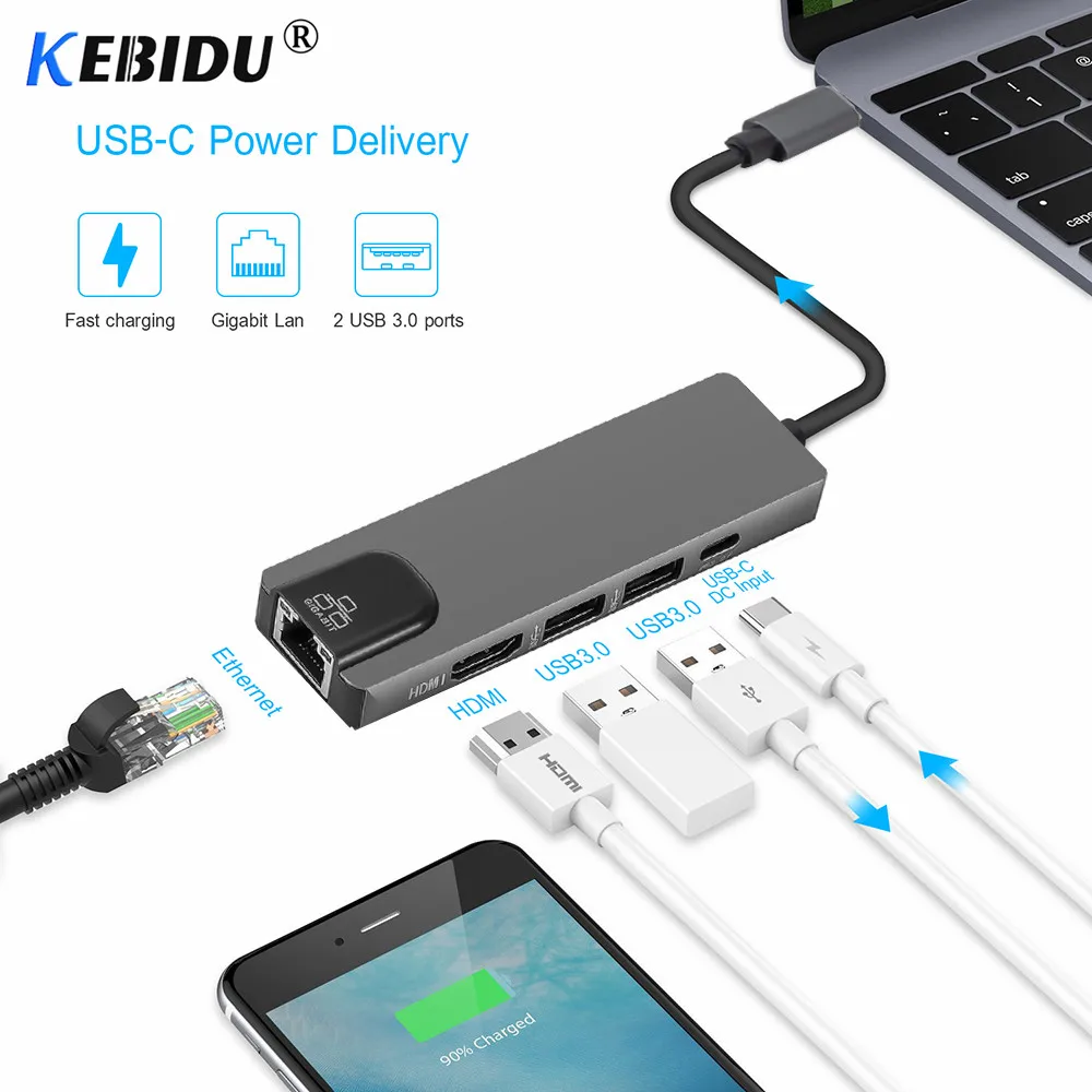 Kebidu Hot-5 In 1 USB Type C Hub Hdmi 4K To Gigabit Ethernet Rj45 Lan Adapter For Macbook Pro Thunderbolt 3 USB-C Charger