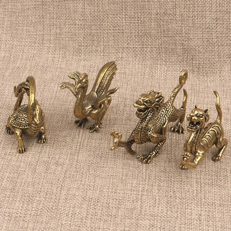 Pure Copper Chinese Ancient Mythical Beast Miniature Figurine Dragon Tiger Snake Turtle Feng Shui Ornament Home Decoration Craft