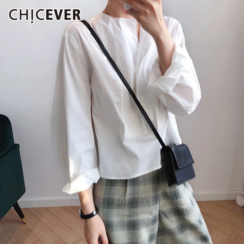 CHICEVER Корейская Повседневная рубашка для женщин квадратный воротник фонарь рукав большой размер Свободная блузка женская Осенняя модная новинка