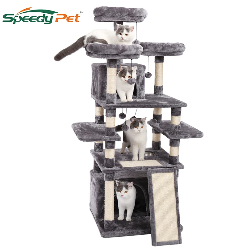 Baratos Extra grande 63 pulgadas robusto árbol de gato con tazón de alimentación Condos de gato con postes de Sisal hamaca juguetes de gato escalada árbol para gatos