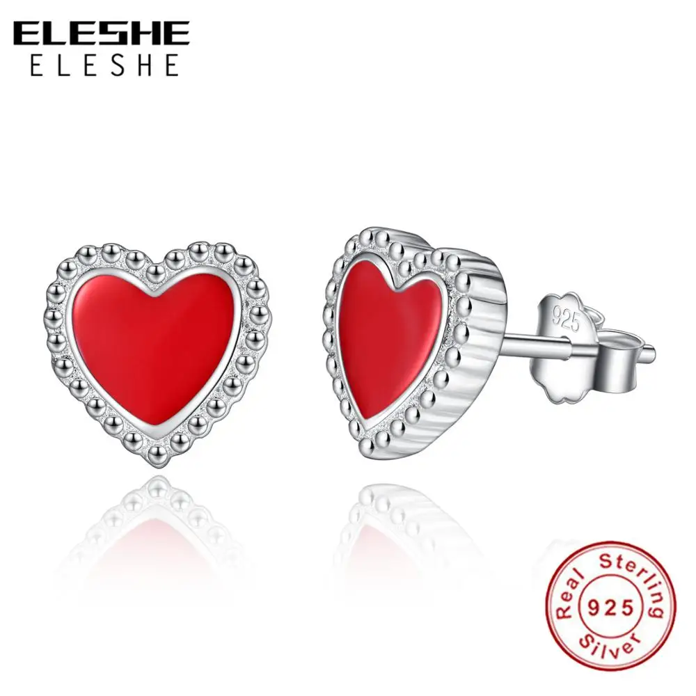 ELESHE Fans Seckill милые красные эмалированные серьги-гвоздики в форме сердца для женщин, 925 пробы серебряные серьги, кубический циркон, модное ювелирное изделие