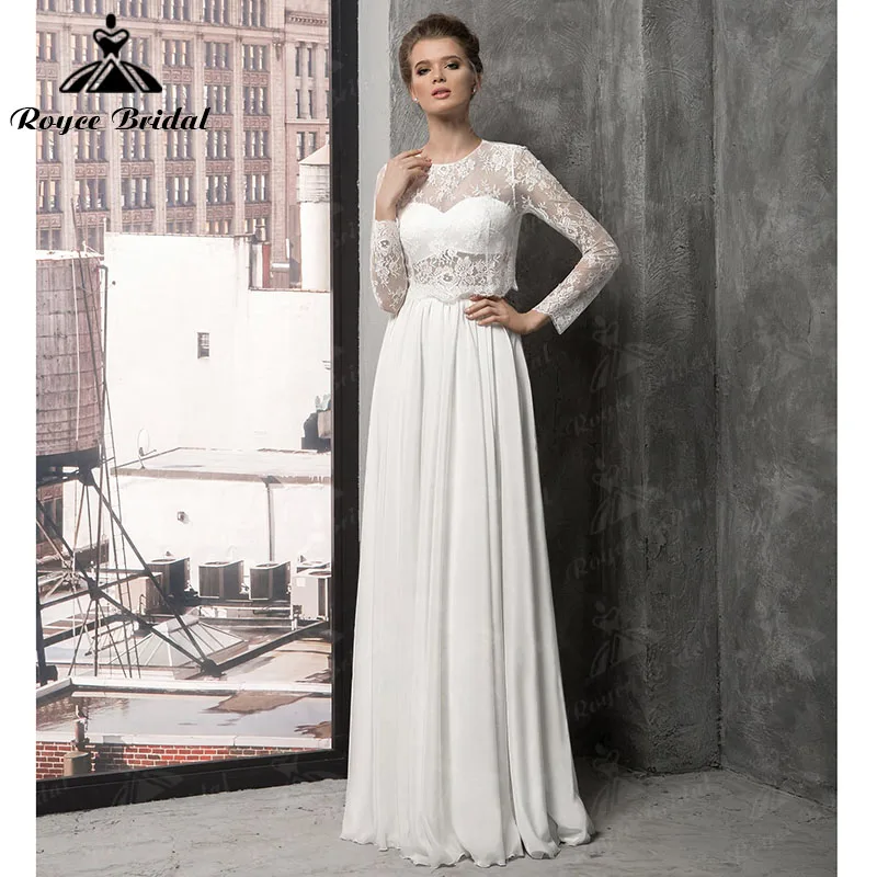 

Two Pieces Wedding Dresses with Jacket Long Sleeve Lace Back Buttons Illusion Chiffon Floor-Length Bohemian Robe De Marie 2022
