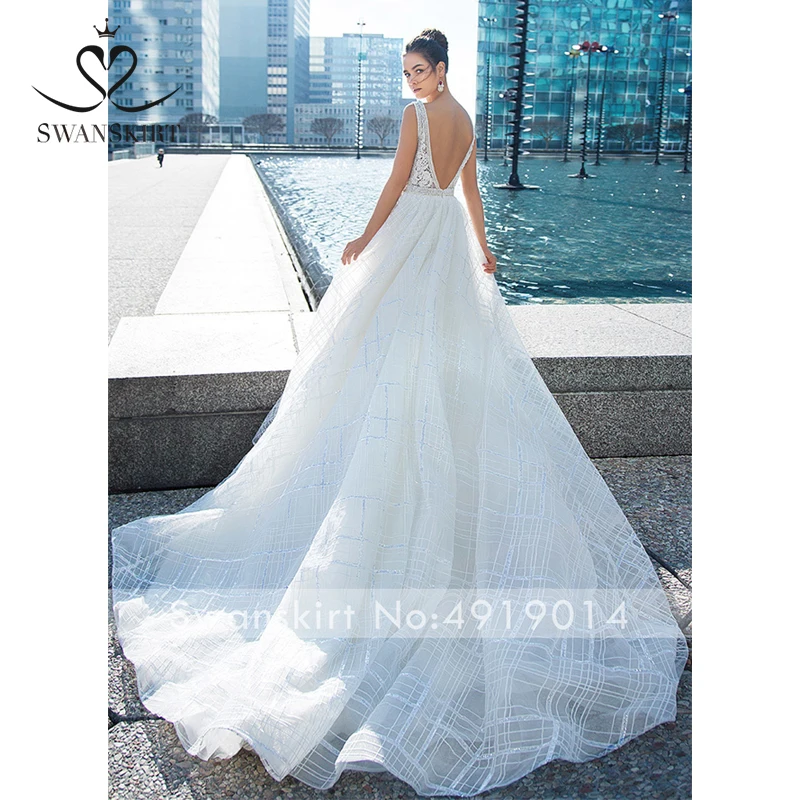Роскошное расшитое бисером свадебное платье Swanskirt I107 v-образным вырезом аппликации платье трапециевидной формы без рукавов свадебное платье с низким вырезом на спине платье принцессы Vestido De Noiva