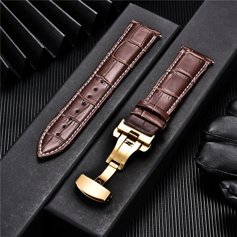 Premium Genuine Leather Watchband with Butterfly Buckle - Elegant Men's Strap Accessory