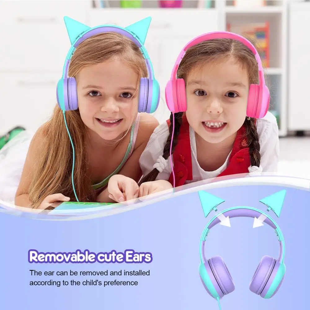Gorsun Kids Headphones with limited volume Children Headphone with decorative ears Ear for boys and girls Wired Headset
