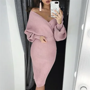 

2020 early spring summer New Women's Knitted Two-Piece Dress Tight V-Neck Wrapped Hip Skirt