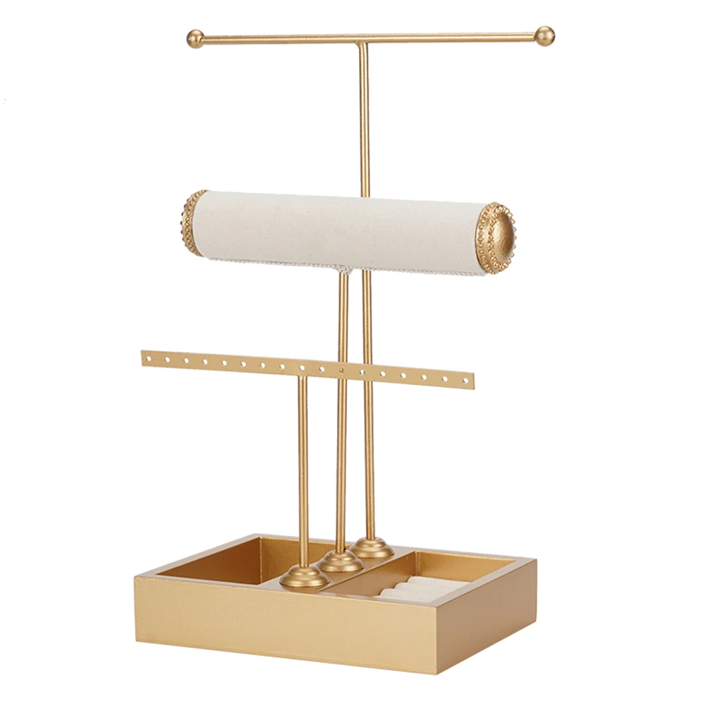Golden Metal T-shaped Bracelet Ring Earring Organizer Jewelry Holder Stand Necklace Display Rack with Storage Box Base | Дом и сад