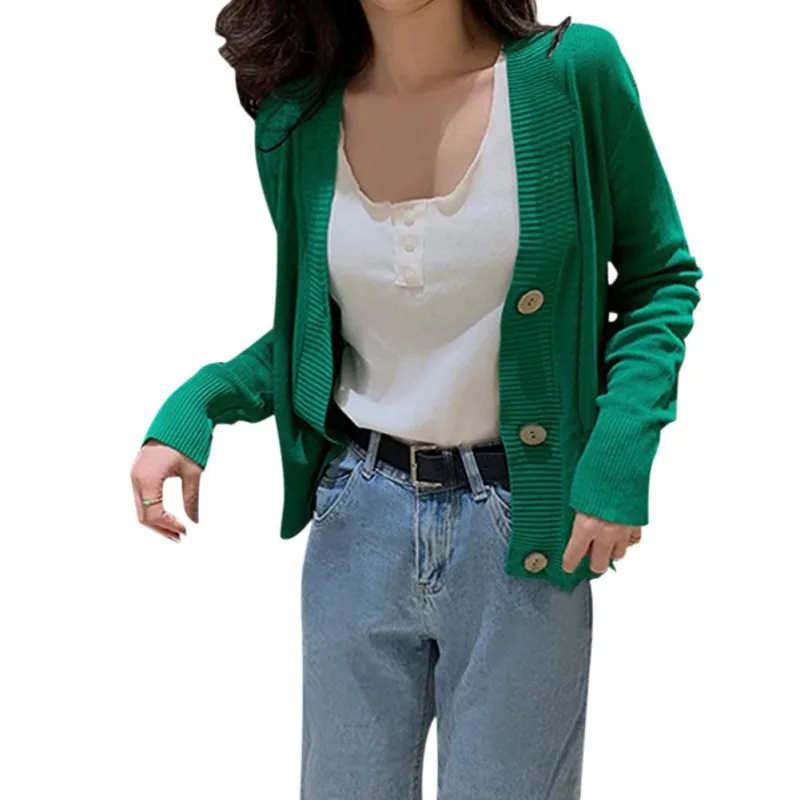 Женский модный простой однотонный вязаный короткий кардиган на пуговицах с длинным рукавом, повседневный теплый свободный свитер - Цвет: Зеленый