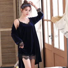 Комплект одежды для сна из 2 предметов, элегантный сплошной темно-синий бархат, женская теплая Домашняя одежда-ночная сорочка, домашняя одежда, мягкое интимное нижнее белье