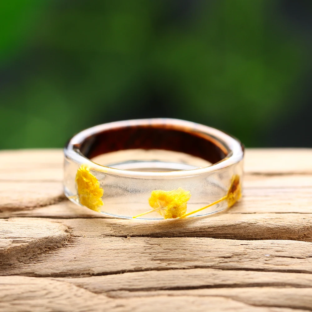 Дизайн деревянное цветочное кольцо ручной работы из смолы растения внутри ювелирные изделия Новая новинка деревянная кольцо на головщину