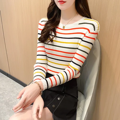 New Women Rainbow Stripe Sweater Winter Slim Long Sleeve Pullover Tops Korean Ladies Knitted Elegaht Sweaters Woman Jumper Mujer white