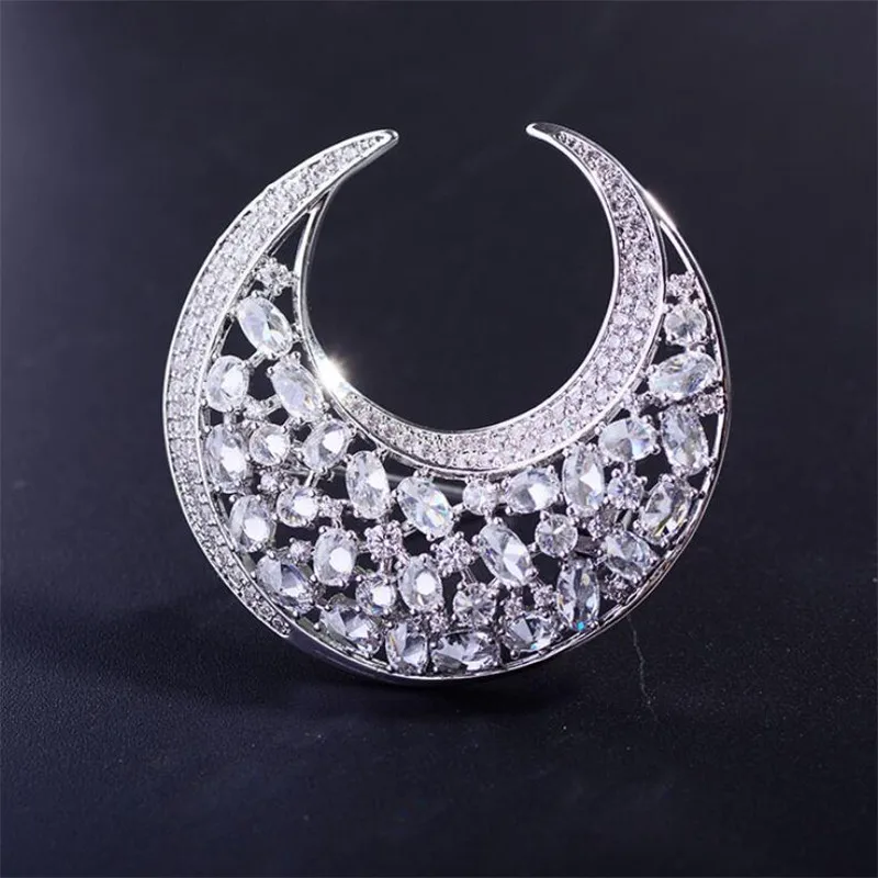 Silver Роскошный циркон горный хрусталь Луна Броши для женщин сверкающие хрустальные планеты Рождественская брошь для мужчин костюм ювелирные изделия подарок эмаль булавки - Окраска металла: Silver