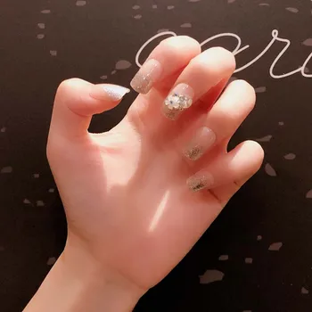 

24PCS Fashion Bride artificial nails White Flowers Pearl Embellishment Decoration Glitter 3D square press on nails with gule