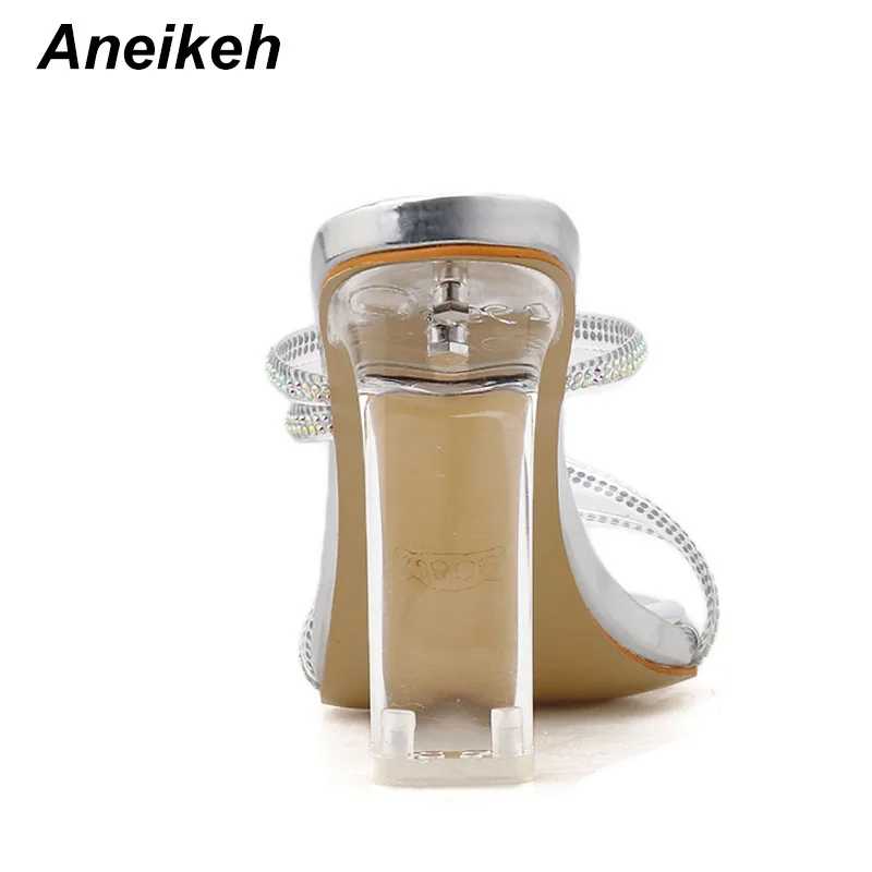 Aneikeh/ г., летние сандалии из ПВХ со стразами каблук из плексигласа, шпильки, Модные женские сандалии женские туфли на высоком каблуке с открытым носком без застежки