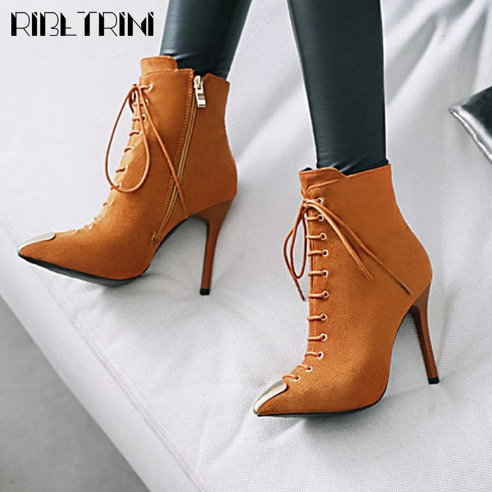 

RIBETRINI Big Size 32-40 New Ladies Fashion Pointed Toe Ankle Shoes Woman Thin High Heels Boots Women Party Ol Sexy Boots